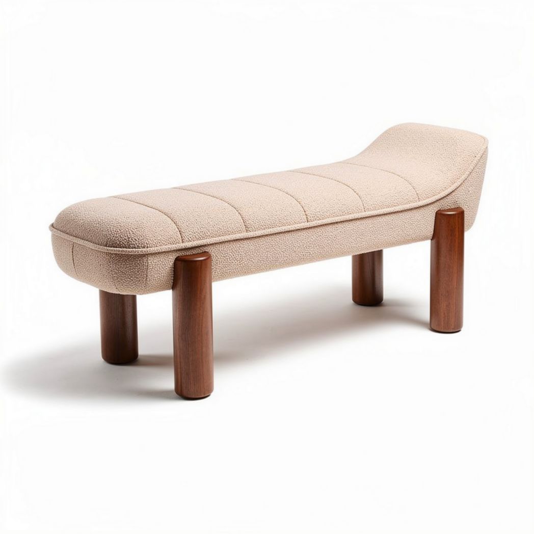Banco de diseño moderno en tela beige y madera de roble dimensiones 120 x 40 x 45cm