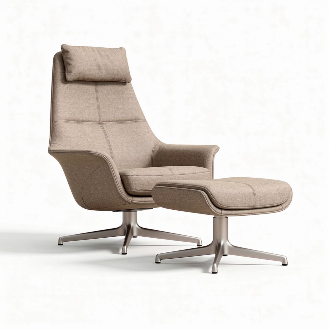 Sillón de tela beige con reposapiés y estructura metálica de 80 x 80 x 100 cm