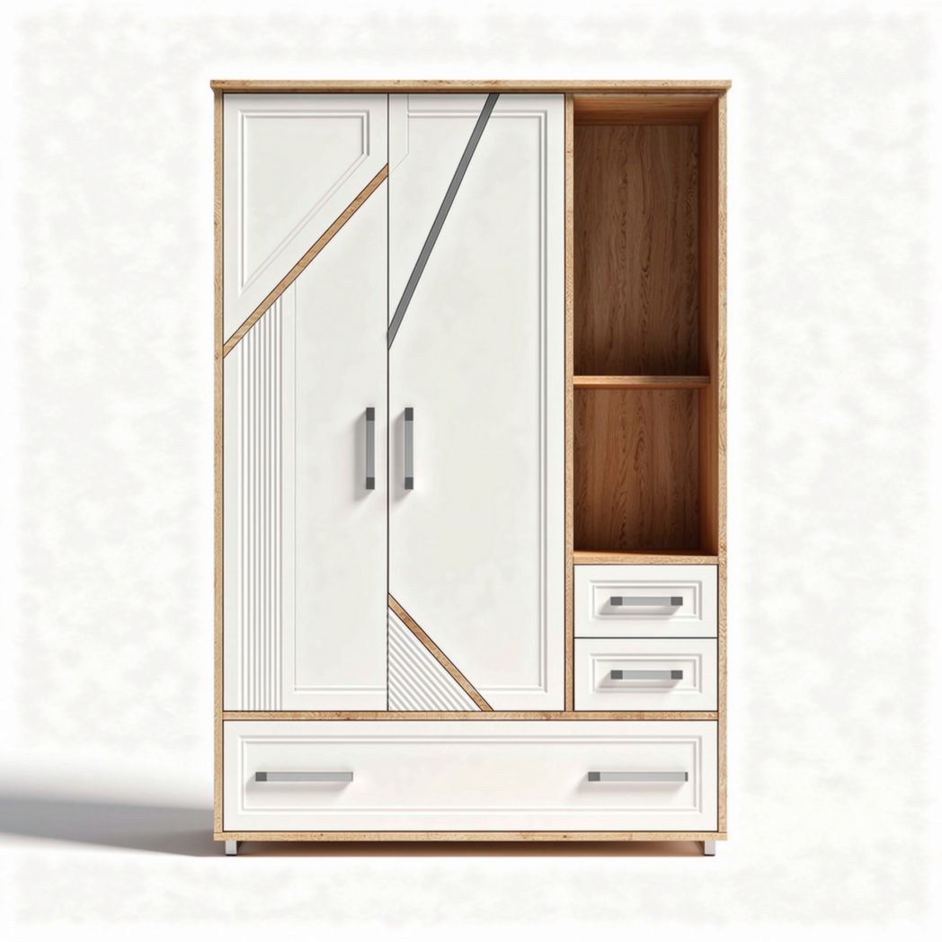 Armario moderno de madera en color blanco y natural con estantes y cajones 200 x 100 x 50cm