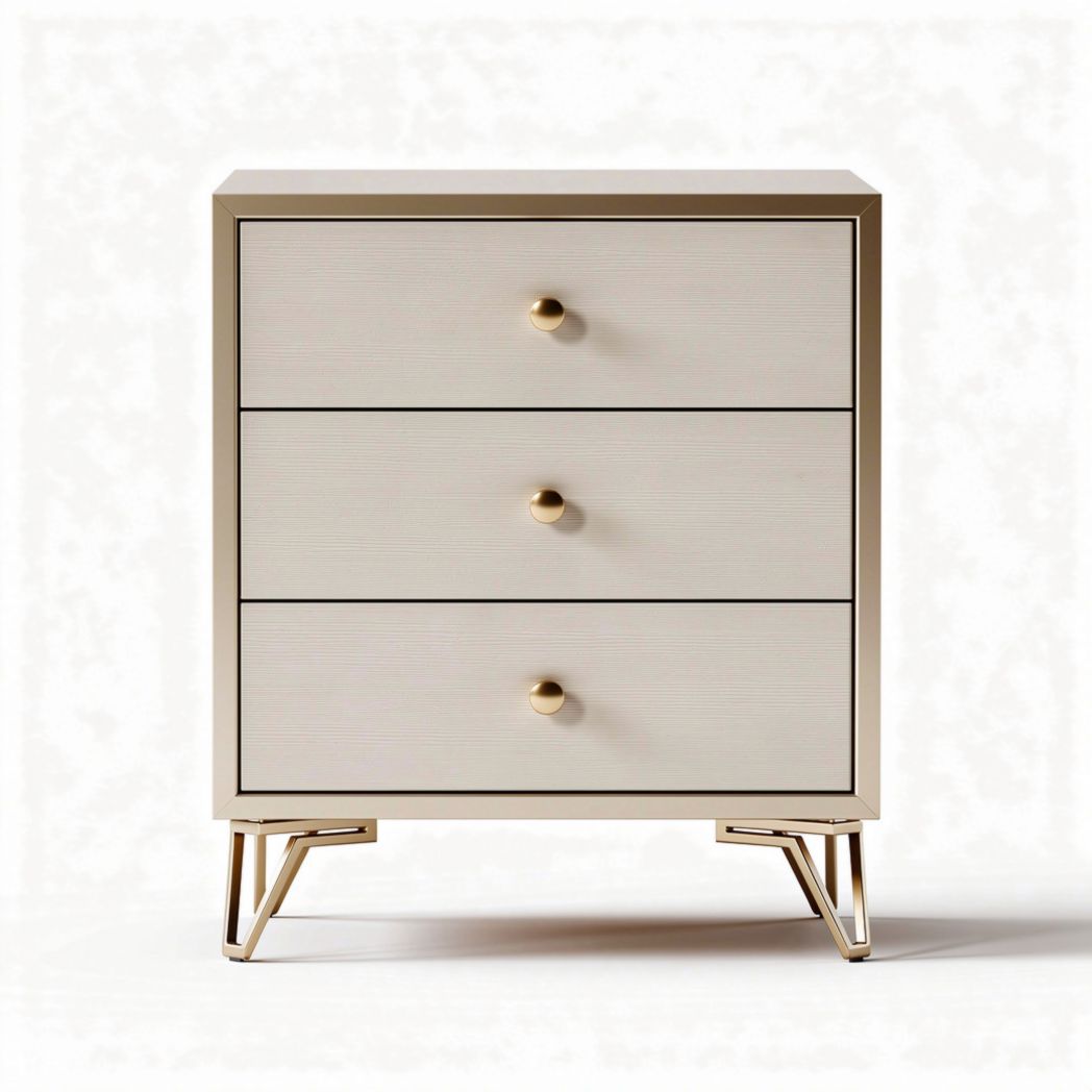 Mesa de noche de madera con tres cajones en color blanco y detalles dorados 40 x 35 x 75cm