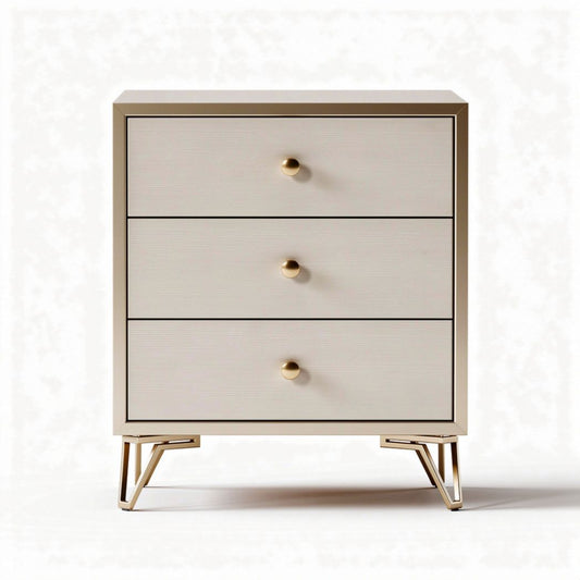 Mesa de noche de madera con tres cajones en color blanco y detalles dorados 40 x 35 x 75cm