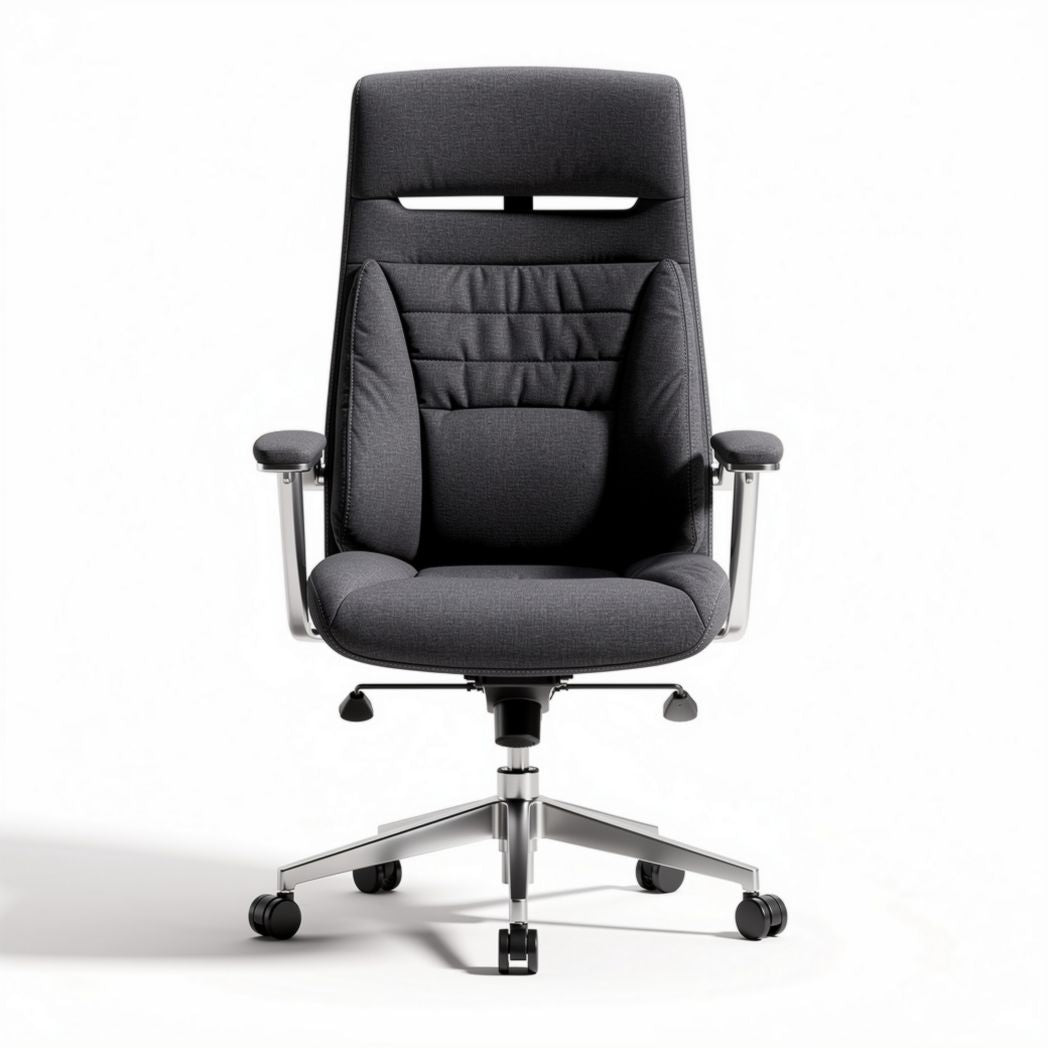 Silla de oficina ergonómica tapizada en tela gris con base de metal ajustable
